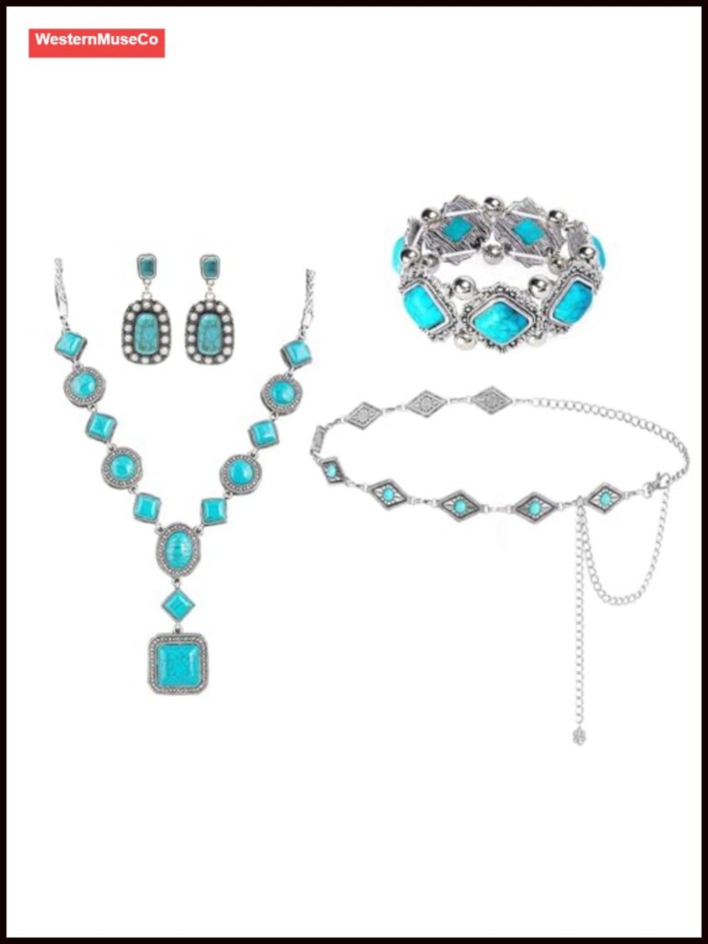 Bohemian Turquoise Alloy Jewelry Set Necklace Bracelet Earrings Waist Chain